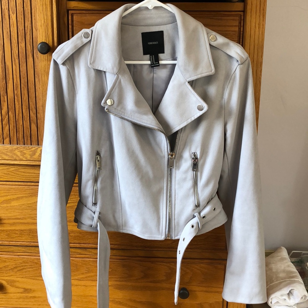 M blue/gray soft jacket with zippering details.
